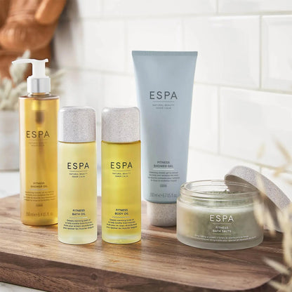ESPA Fitness Shower Oil 250ml | Nourishing Oil-to-Cream Body Cleanser with Coconut Oil, Eucalyptus &amp; Clove, Gently Cleanses, Revitalises &amp; Softens Skin, Post-Workout Care