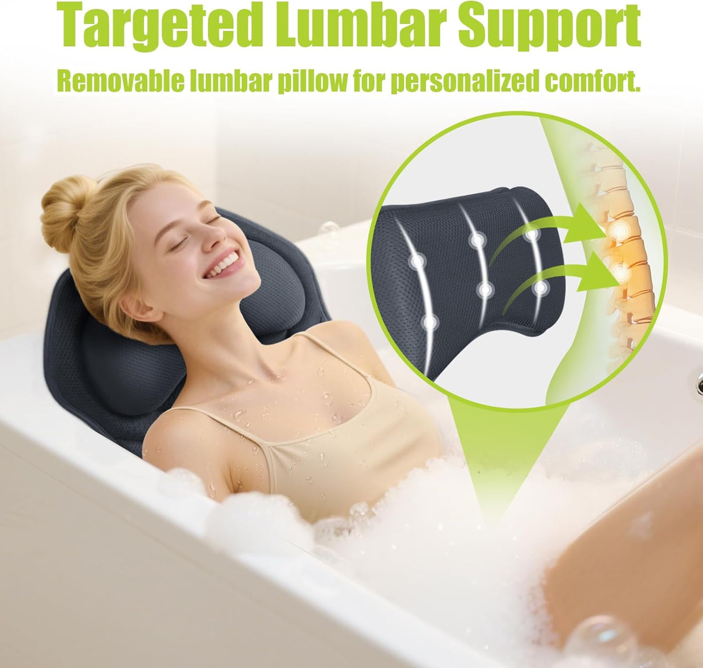 Full Body Bath Pillow for Tub, Bathtub Pillow with Removable Lumbar Pillow, 3D Air Mesh Spa Bath Cushion, 168 Suction Cups, Tub Pillow for Head, Neck, Back and Legs Support, Bathtub Accessories