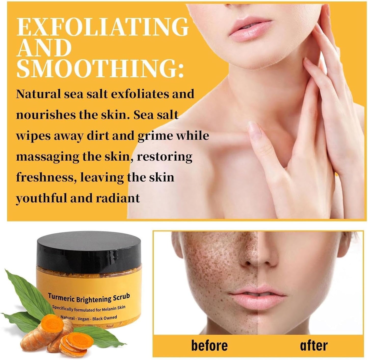Turmeric Scrub for Skin Lightening, Exfoliating Body Scrub for Dark Spots, Cleansing &amp; Moisturizing Skin Care for Dull, Uneven Skin Tone for Men Women (1PC)