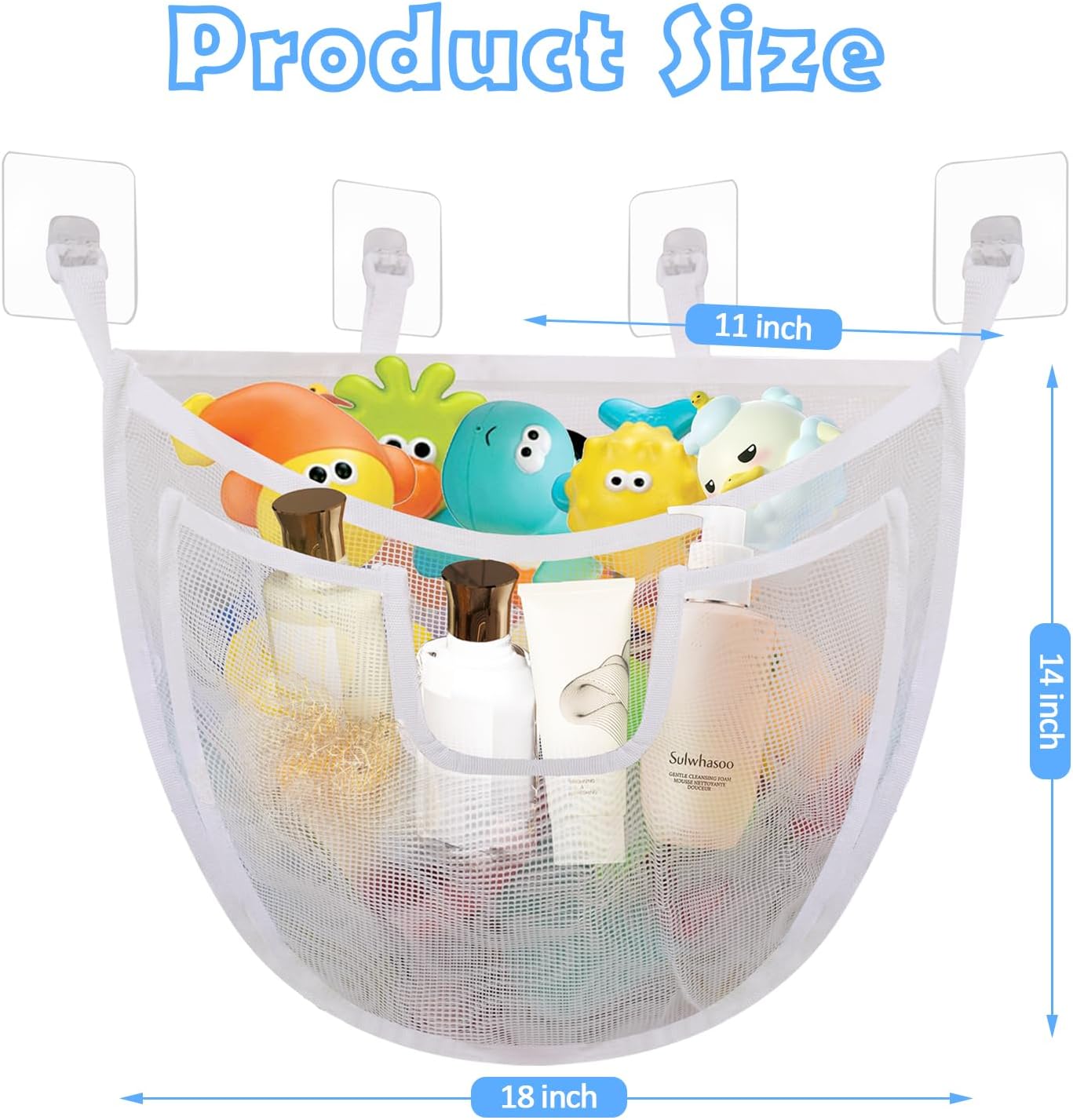 Bath Storage, Large Capacity Holder With Bottom Zipper, Quick Release Bathtub Organizer With Large Pocket, Corner Mesh Basket Bin for Bathroom Toys - White