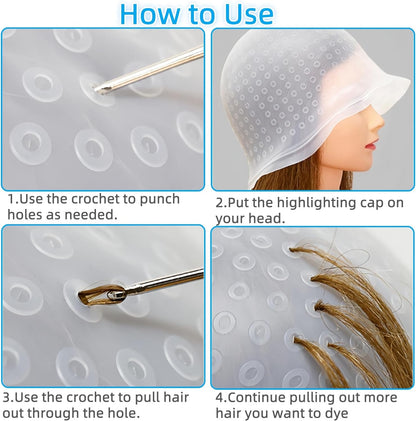 Silicone Highlight Hair Cap with Hole Position, Professional Reusable Hair Coloring Cap with Crochet and Brushes, Salon Hairdressing Dyeing Tools for Women Men