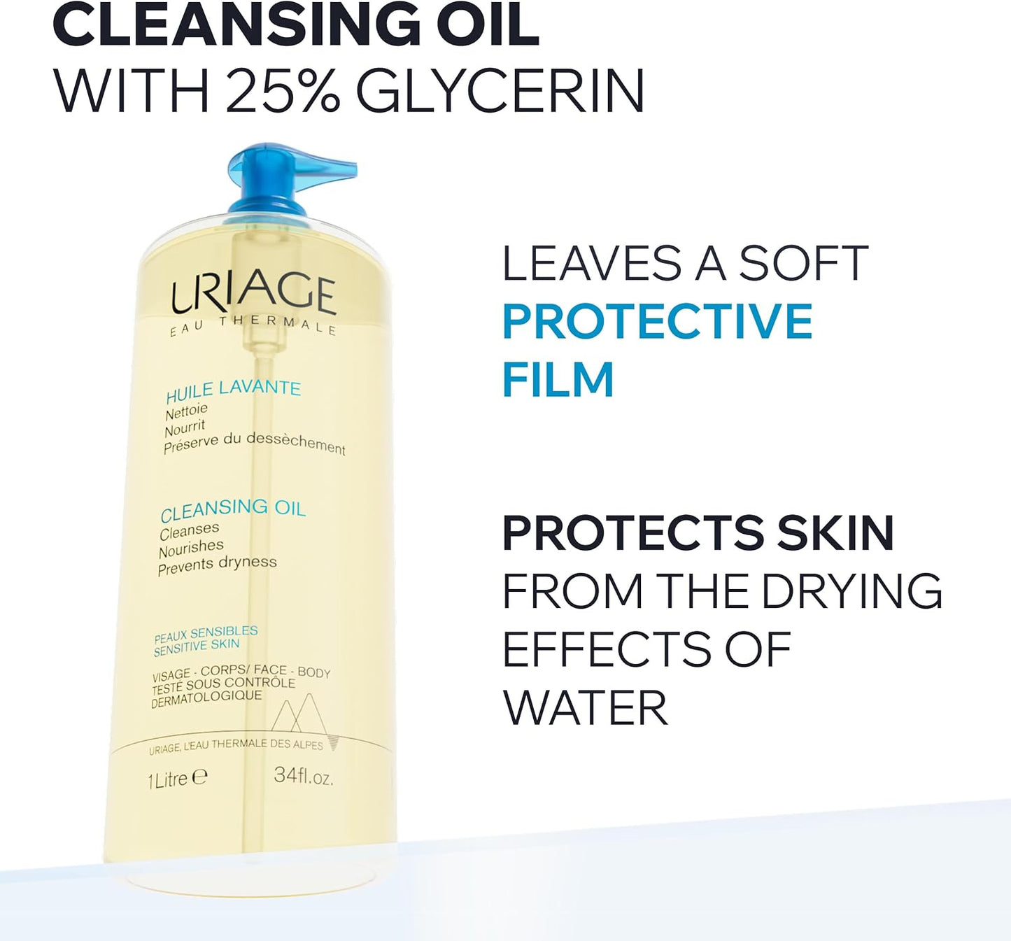 Uriage Shower Oil 500 mL - Face &amp; Body Wash - Dry &amp; Sensitive Skin - Cleanses, Nourishes, Prevents Dryness - 25% Glycerin &amp; Extra-Rich Agents - Physiological pH - Soap-Free