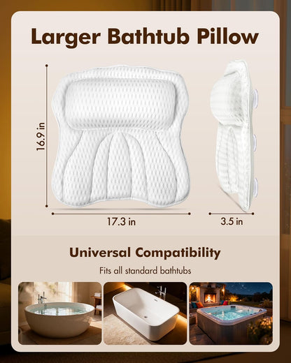 AOPOW Ergonomic Luxury Bath Pillow: Large Area 5D Air Mesh Comfortable Bathtub Pillow - 6 Non-Slip Suction Headrest Cushion with Head Neck Shoulder and Back Support Home Spa Hot Tub for Women Men Gift