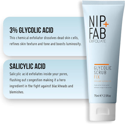 NIP + FAB Glycolic Fix Scrub – 3% Glycolic Acid (AHA) and 1% Salicylic Acid (BHA) Exfoliating Face Scrub for Brightening, Resurfacing and Deep Pore Cleansing, 75ml