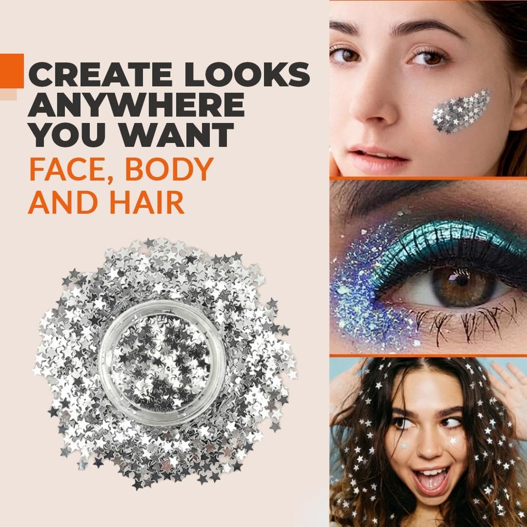 Stargazer Silver Star Face &amp; Body Glitter - Makeup Stars for Face, Body &amp; Festival Looks - Party &amp; Costume Makeup - Cruelty-Free