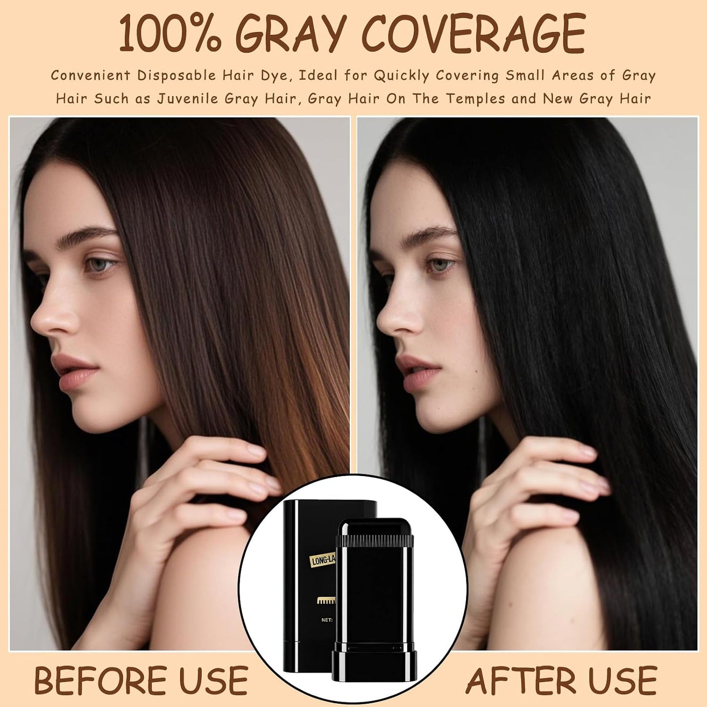 Safe and Convenient Hair Dye Comb, Waterproof Sweat-Proof Hair Dye Stick with Comb, 2-In-1 Quick Touch-Ups Dye Comb for Women &amp; Men (Coffee)