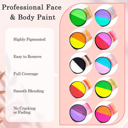 Two-Colour Water-Soluble Face and Paint Palette with Brush - Deep Purple &amp; Neon Purple High Saturation Pigments for Halloween, Cosplay, Theatre, Stage Performance SFX Makeup