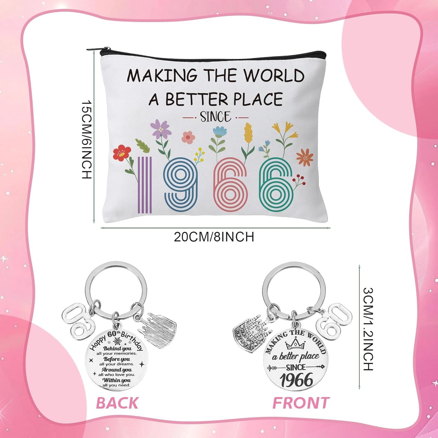 ViEinkaufen 60th Birthday Gifts for Women 1966 Makeup Bag Socks,Keyring | 60 Years Birthday Gift for Her Thank You Present for Mum Auntie Grandma Wife Friends Teacher