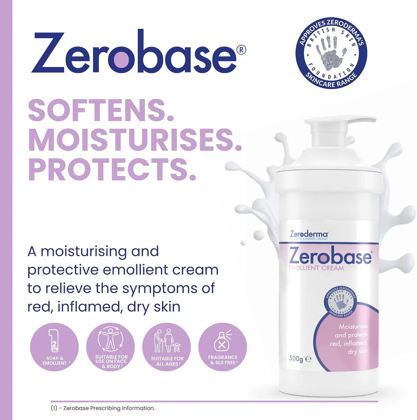 Zeroderma Zerobase Emollient Cream 2-in-1 Moisturiser &amp; Soap Substitute, for Dry &amp; Eczema-Prone Skin, Restores Skin Barrier, 21 percent w/w Paraffins, 500g