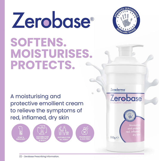 Zeroderma Zerobase Emollient Cream 2-in-1 Moisturiser &amp; Soap Substitute, for Dry &amp; Eczema-Prone Skin, Restores Skin Barrier, 21 percent w/w Paraffins, 500g