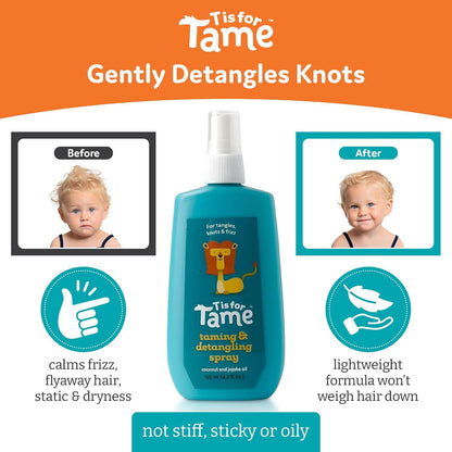 T is for Tame Detangler - Taming and Detangling Spray for Babies, Toddlers &amp; Kids – Effortlessly Untangles Knots, Calms Frizz &amp; Static for Smooth, Manageable Hair. 125mL