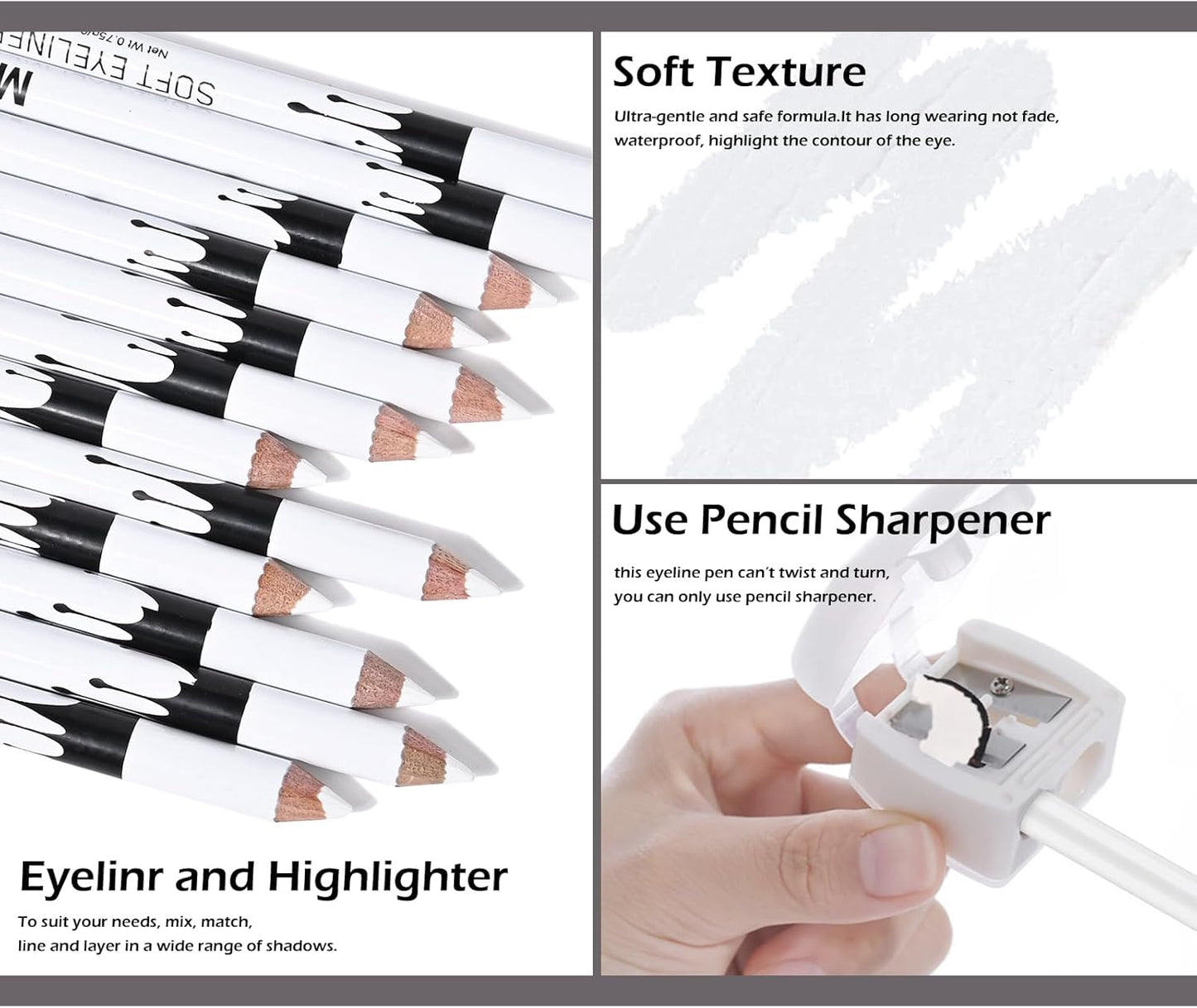FREEORR 12 Packs Professional Highlighter Eye Liner Pen, White Eyeliner Pencil, Waterproof Long Lasting Eye Brighten