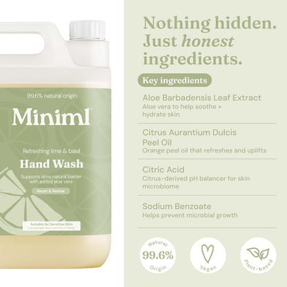 Miniml Hand Soap Wash Liquid 5L Refill - Lime, Basil &amp; Mandarin Infused Hand, Skin &amp; Body Wash Gel for Soft and Sensitive Skin Care - 100% Vegan &amp; Cruelty Free