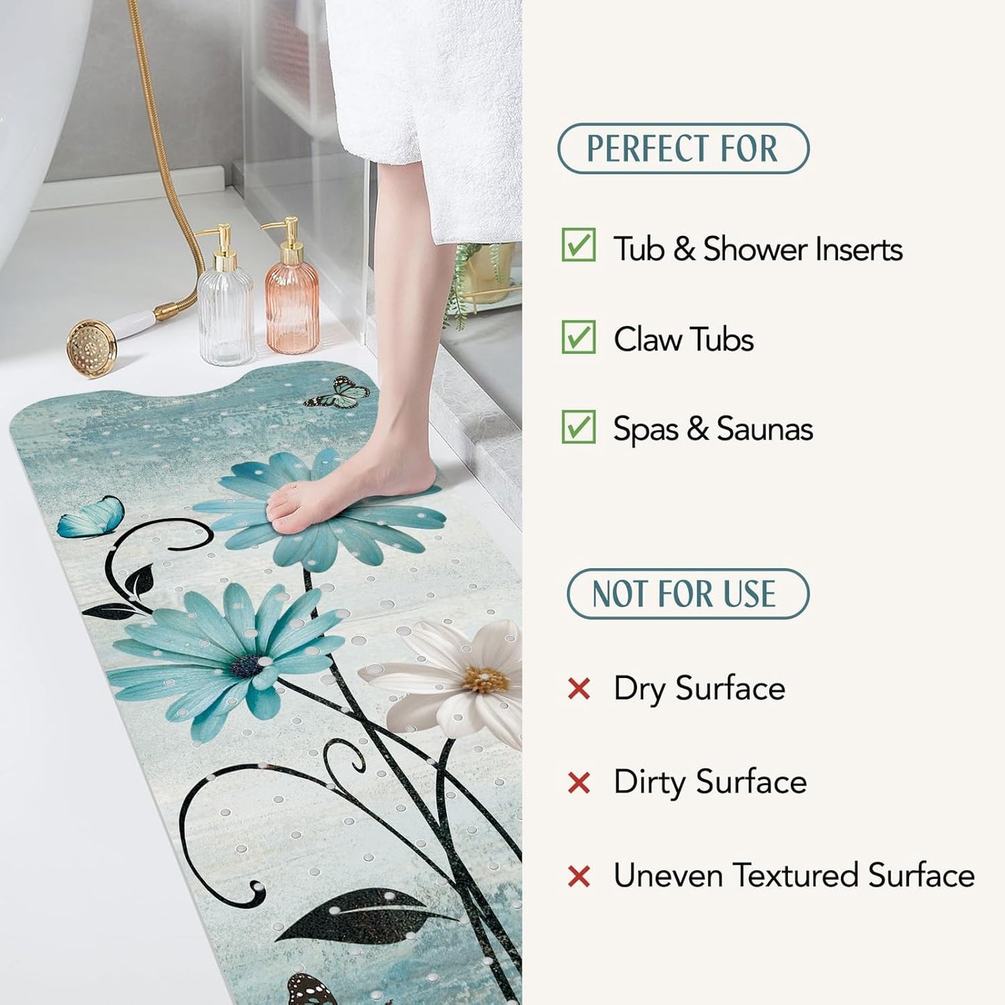 SHUCHING Turquoise Daisy Flower Bath Mat Non Slip Anti Mould, 100 X 40 cm Extra Long Bathtub Mat Anti Slip, Shower Mat Non Slip Anti Mould for Bathroom Machine Washable