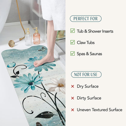 SHUCHING Turquoise Daisy Flower Bath Mat Non Slip Anti Mould, 100 X 40 cm Extra Long Bathtub Mat Anti Slip, Shower Mat Non Slip Anti Mould for Bathroom Machine Washable