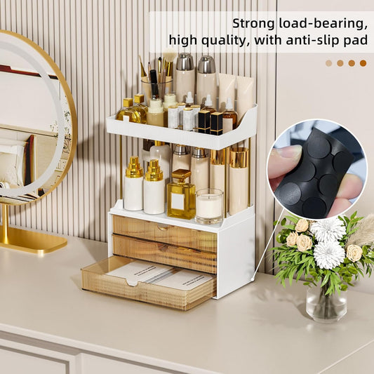 Makeup Organiser - Upgrade 2 Tier 3 Drawers Large Vanity Organisers, Versatile Cosmetic Storage, Exquisite Bathroom &amp; Skincare, Dressing Table Organiser, Amber