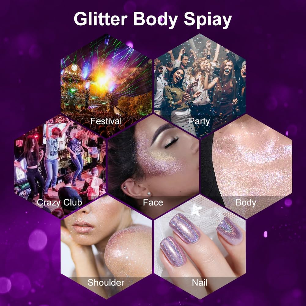 LOPHE Glitter Spray, Body Face Hair Glitter for Women, Sparkle Shimmer Shiny Powder, Holographic Spray, Quick Dry Hairspray for Makeup Festival Carnival, Purple