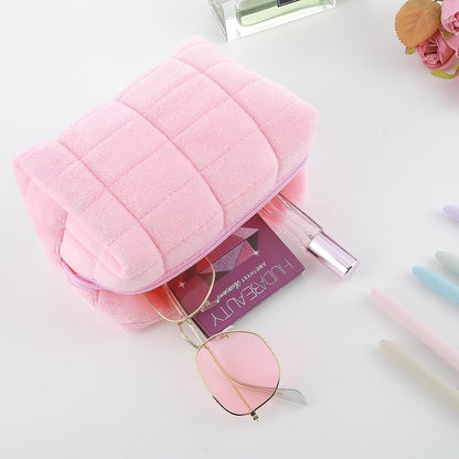 Sibba Makeup Bag Small Zippered Toiletry Organizer Make Up Travel Traveling Cosmetic Storage Case Skincare Cute Fluffy Polyester Purse Brush Set Pouch Daily Essentials Bathroom Display Womens