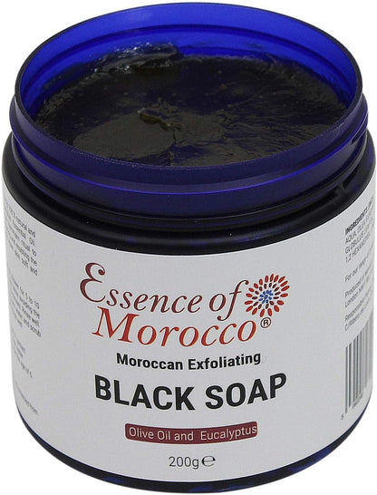 Moroccan Exfoliating Black Soap Eucalyptus Essential Oil and Olive Oil Beldi Hammam Spa Scrub Savon Noir 200g / 7 OZ Natural Helps Cleanse Skin Remove Fake Tan and Ingrown Hair (Pack of 1)