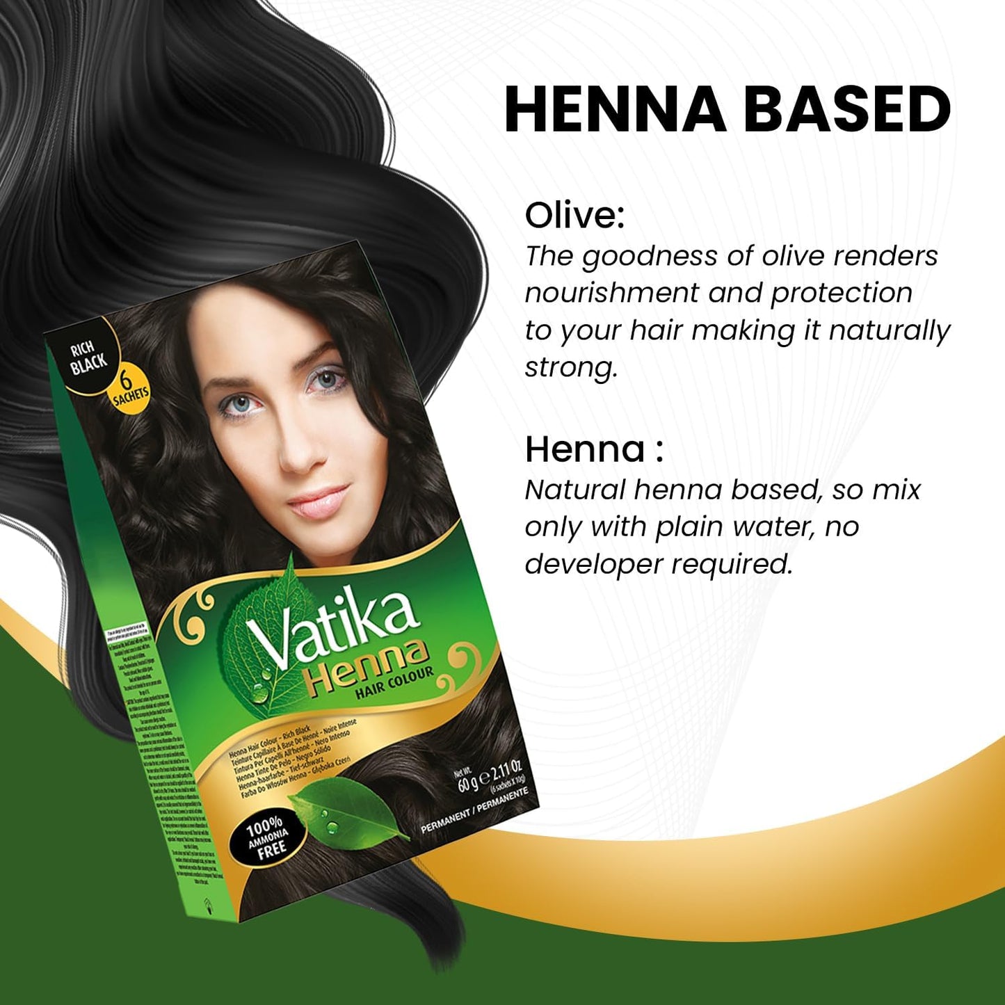 Vatika Henna Hair Colour Rich Black 100% Ammonia Free 6 x 10g Sachtes - 60g (Pack of 2)