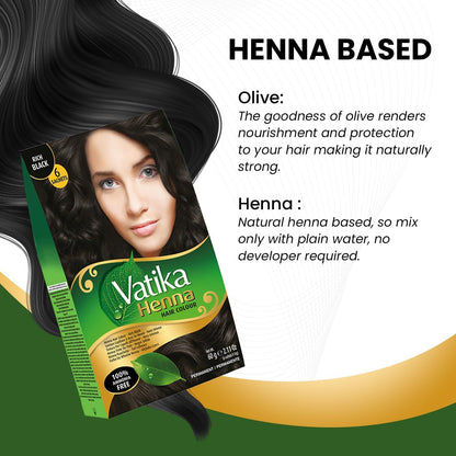 Vatika Henna Hair Colour Rich Black 100% Ammonia Free 6 x 10g Sachtes - 60g (Pack of 2)