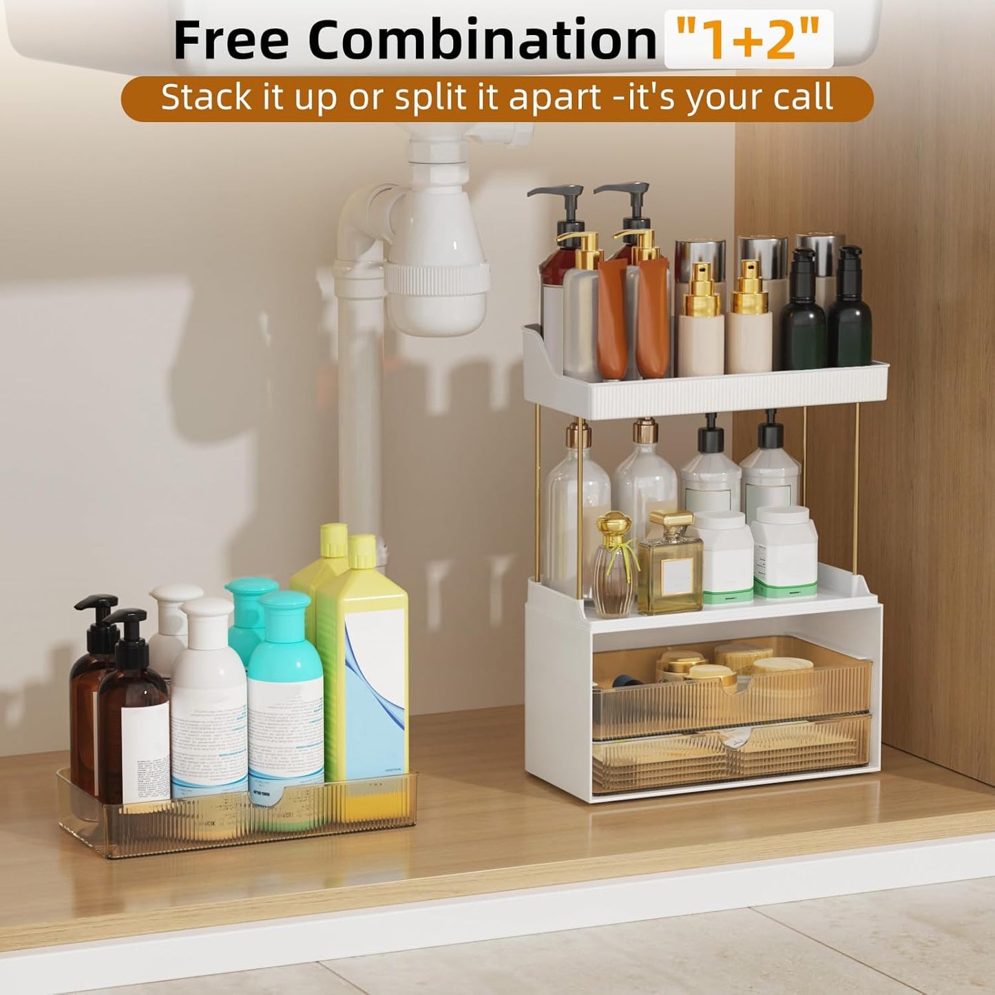 Makeup Organiser - Upgrade 2 Tier 3 Drawers Large Vanity Organisers, Versatile Cosmetic Storage, Exquisite Bathroom &amp; Skincare, Dressing Table Organiser, Amber