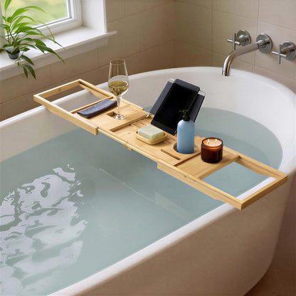 Amazon Basics Bath Tray, Bamboo Bathtub Caddy, Expandable and Foldable, Anti-Slip Grips