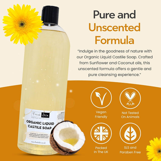 Freshskin Beauty LTD | 1 Litre Organic Liquid Castile Soap (1000ml) - All-Natural Unscented Liquid Soap - Pure SLS SLES Free - Vegan Friendly - 100% Organic