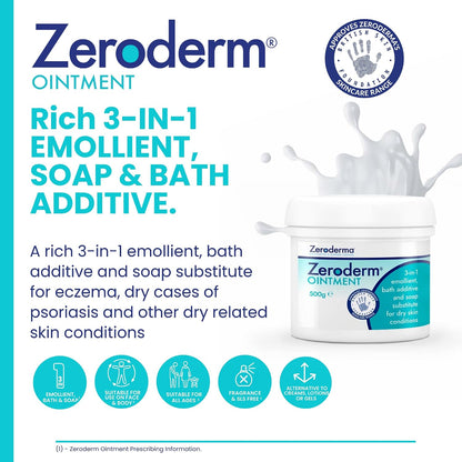Zeroderma Zeroderm Ointment, Rich 3-in-1 Emollient, Soap Substitute &amp; Bath Additive, For Dry Skin Conditions such as Eczema, Ichthyosis &amp; other Dry Skin Conditions. 500g