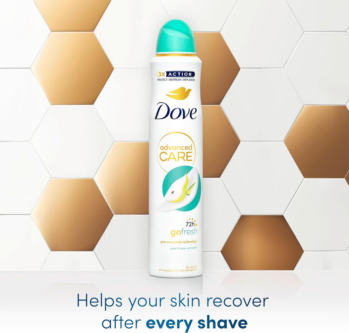 Dove Advanced Care Go Fresh Pear &amp; Aloe Vera Scent Anti-Perspirant Aerosol Women's Deodorant Spray with Pro-Ceramide technology for 72 hour protection against sweat and odour 200 ml