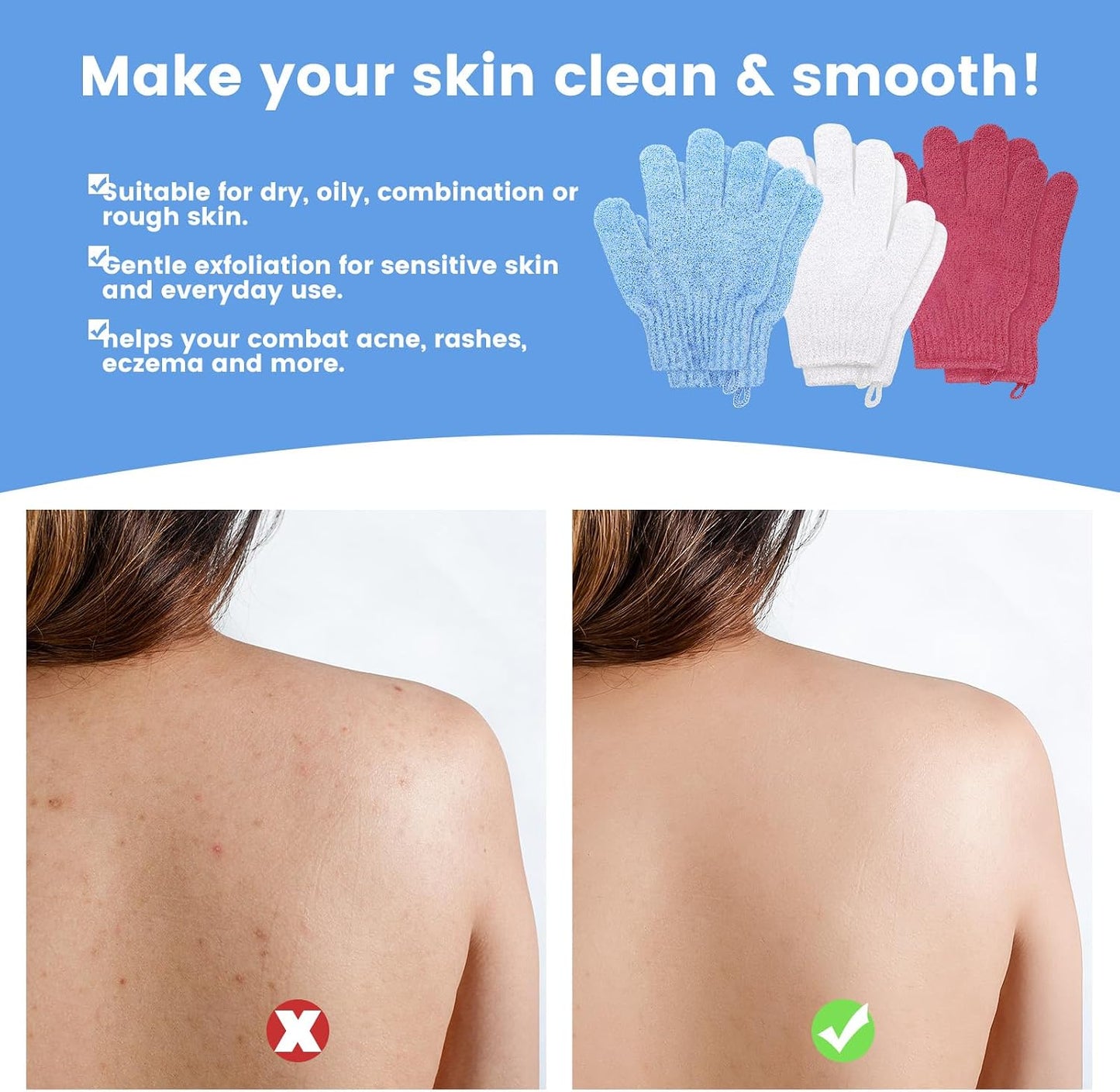 6Pcs Exfoliating Gloves - Bamboo Shower Gloves - Bath and Body Exfoliator Mitts - Scrubs Away Ingrown Hair and Dead Skin - for Shower, Spa and Massage Cell Remover Loofah - White, Red, Blue