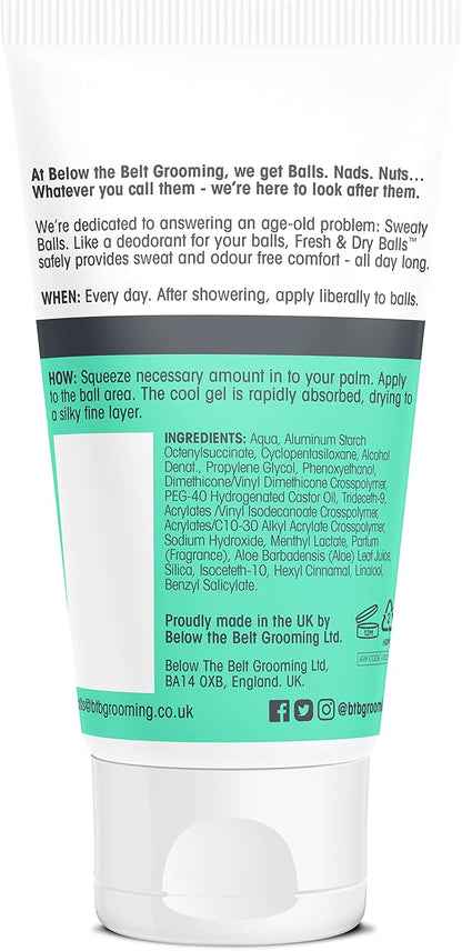 Below The Belt Fresh &amp; Dry Balls Anti Chafe Deodorant Gel Fresh Scent 75ml | Anti-Chafing and Deodorant Gel for Men. Long Lasting Odour Control. Quick Dry Intimate Protection with a fresh scent.