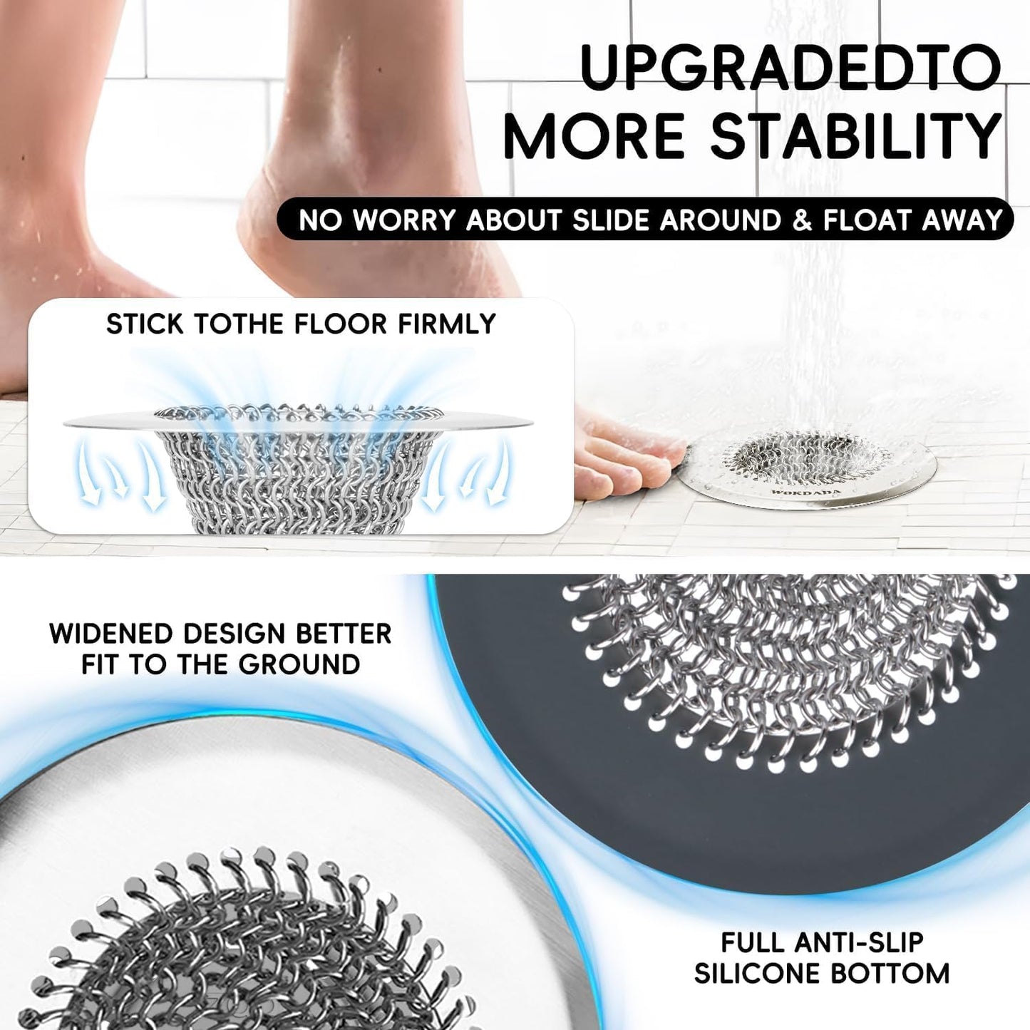 WOKDADA Shower Drain Cover, Fast Drainage Hair Catcher for Shower Drain, Reversible 304 Stainless Steel Drain Protector, Fits Shower, Bathtub, Pop-Up &amp; Regular Bathroom Drains(Patented Product)