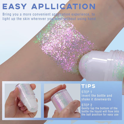 Noerrors Roll-on Holographic Body Glitter Gel for Body Face Hair, Sparkle Chameleon Color Changing Chunky Mermaid Sequins Body Glitter Gel Festival Party Body Shimmer Glitter Makeup # Sparkling Pink