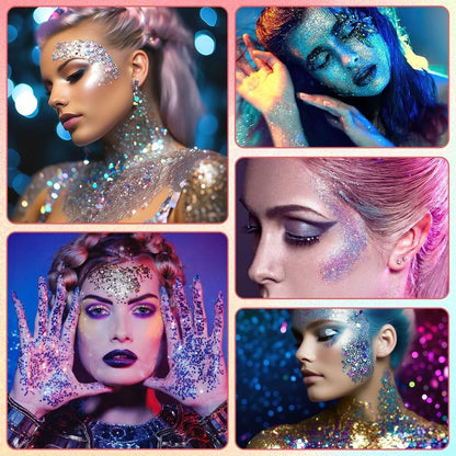 Body Glitter Gel, 18ml Chunky Face Glitter Gel Holographic Mermaid Sequins Sparkling Festival Party Lotion for Face, Eye, Hair, Nail Makeup and DIY Art (Gold)
