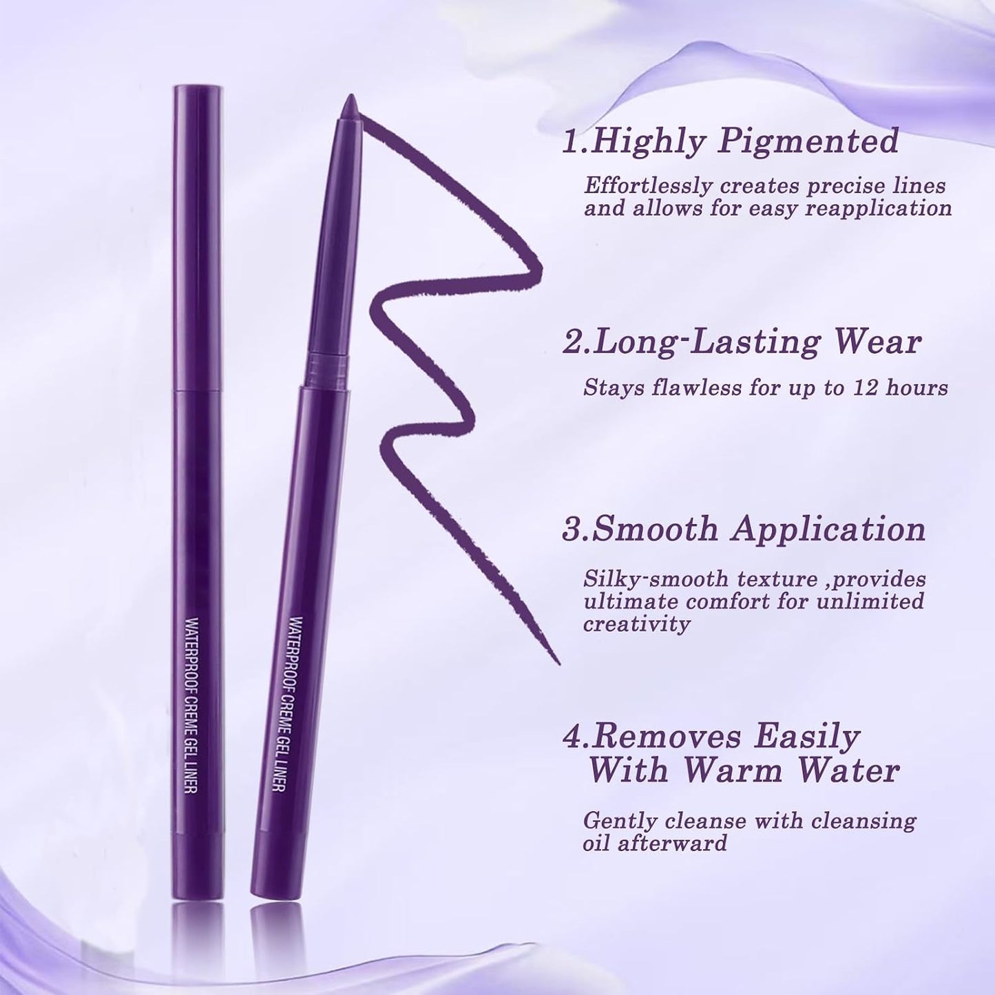 Waterproof Eyeliner Pencil, Long-Lasting Smudge-Proof Eye Liners, Fine Tip for Precise Lines, Quick-Dry Formula (Purple)