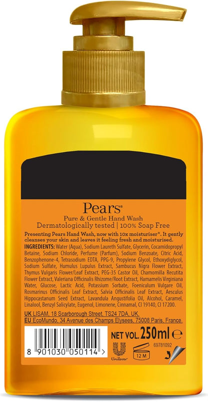 Pears Pure &amp; Gentle Moisturising Liquid Hand Wash - Enriched with Glycerin and Formulated with Natural Oils, 10x More Moisturiser* - Soap-free Cleanser Ideal for Men and Women | 250ml (3 Pack)