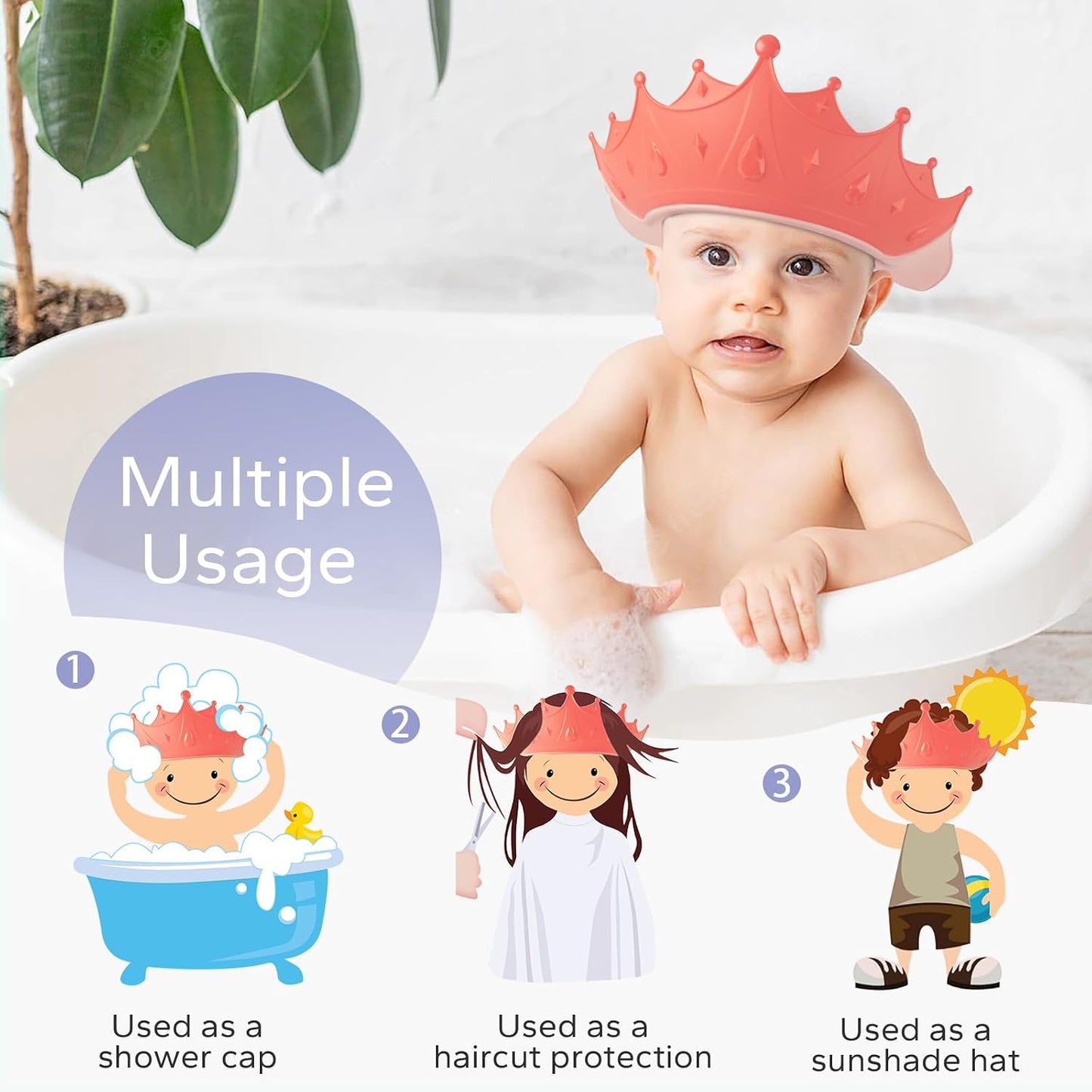 FUNUPUP Baby Shower Cap for Kids with Bath Rinse Cup, Adjustable Toddler Hair Washing Shampoo Shield Hat Baby Bath Visor Shower Hat for Kids 6Mouths-9Year（Crown Pink)