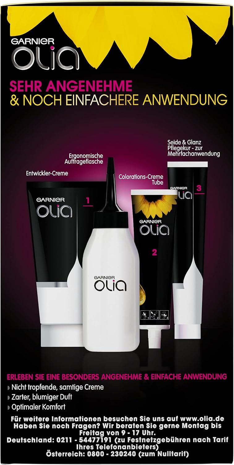 Garnier Olia Permanent Hair Colour without Ammonia, with Nourishing and Natural Oils, Full Grey Hair Coverage, Permanent Colouration, No. 6.3 Caramel Brown, 3 x 1 Piece