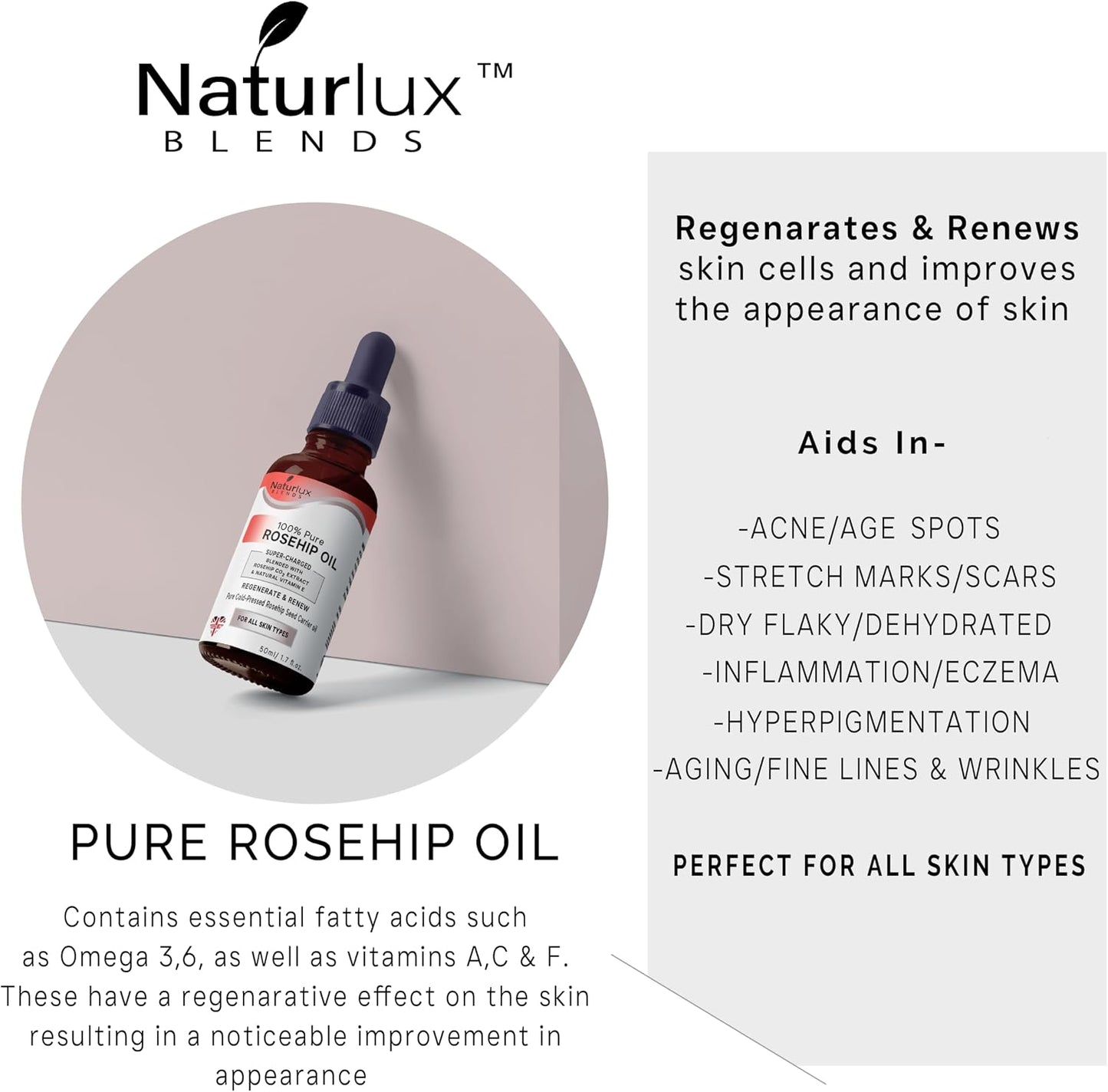 Organic Rosehip Oil For Face | 100% Pure &amp; Natural 50 ML | Cold-Pressed Rosehip Seed Oil With 5% Rosehip C02 Extract &amp; Vitamin E | Concentrated Blend 50 ML