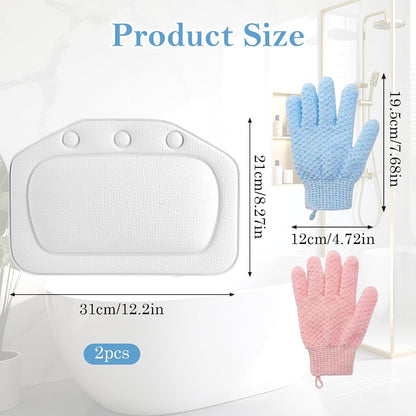 Bath Pillow for Bathtub, 2 Pcs Waterproof Strong Suction Cups Bath Pillows with 1pairs Bath Gloves for Neck and Head