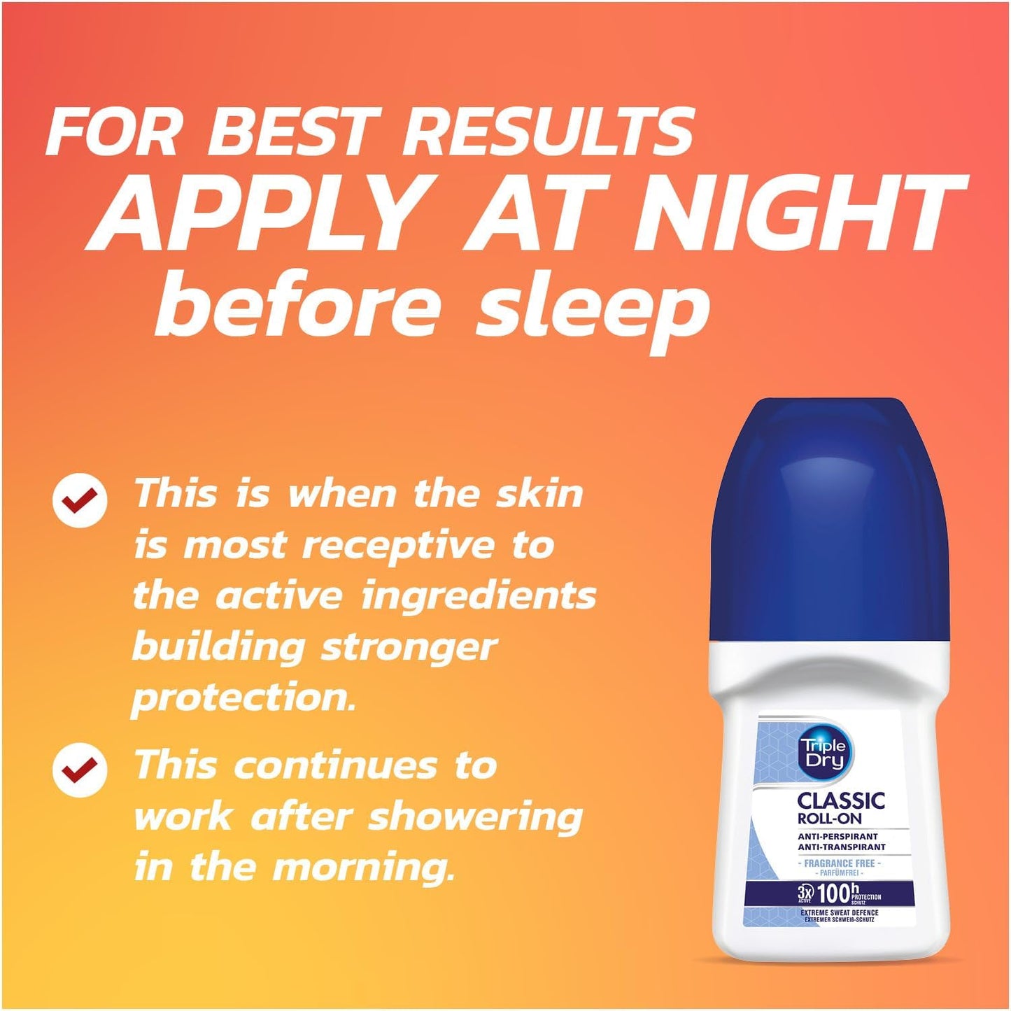 Triple Dry Classic Fragrance Anti-Perspirant Roll On | 100-Hour Protection Against Excessive Sweating | Fights Odour | Triple Active Formula | Classic Fragrance | Clinically Proven | Unisex