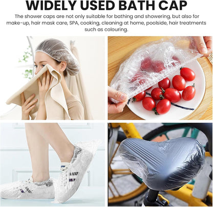 50PCS Disposable Shower Caps,Waterproof Hair Caps,Multi-Purpose Thickened Plastic Elastic Bath Caps for Women, Home Use,Hair Salon, Spa, Travel, Hotel, Shower - White
