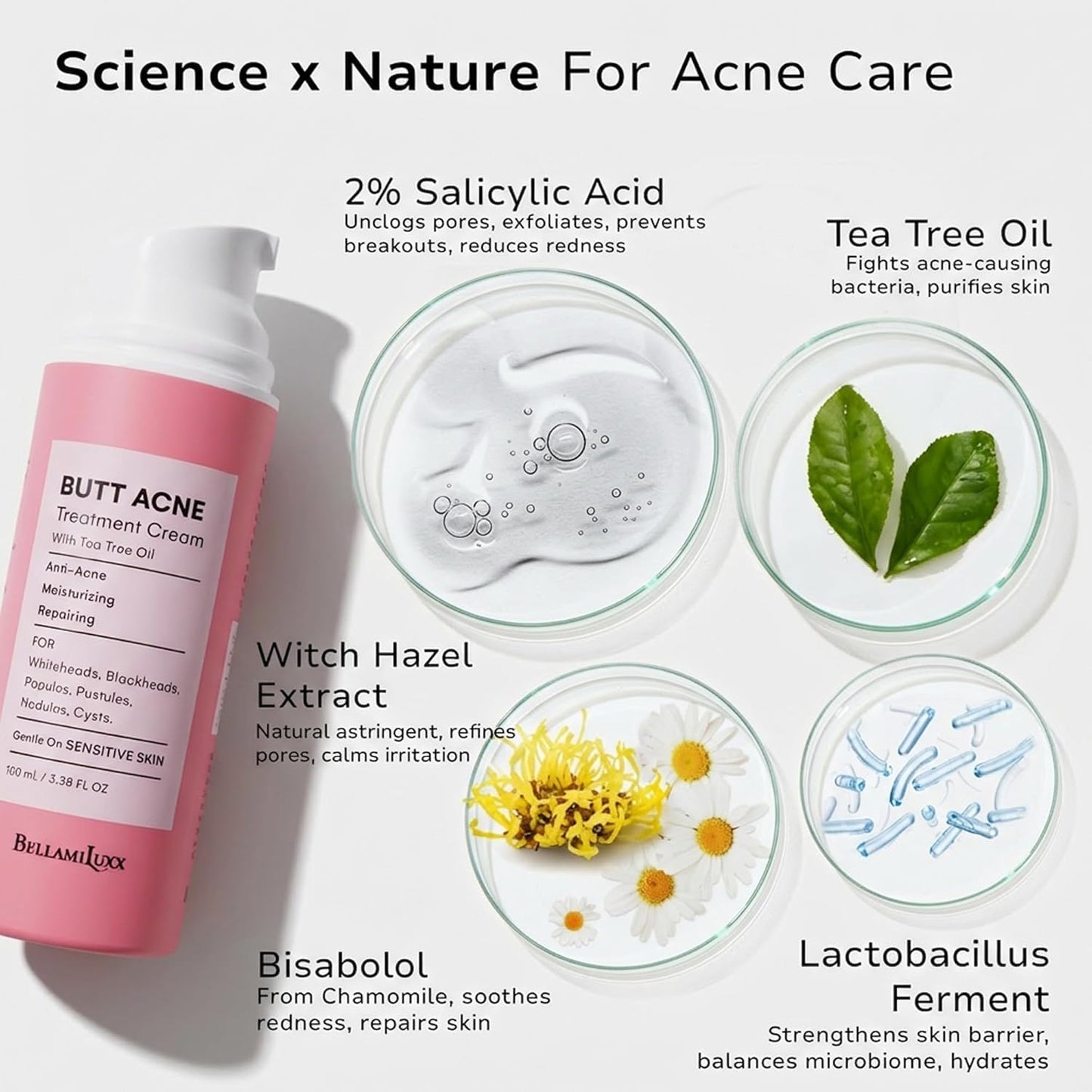 BellamiLuxx Butt Acne Clearing Treatment Cream: Body Acne Treatment Lotion for Folliculitis and Pimples on Back, Buttocks, Thighs With 2% Salicylic Acid &amp; Tea Tree Oil - Butt Cream for Smooth Skin