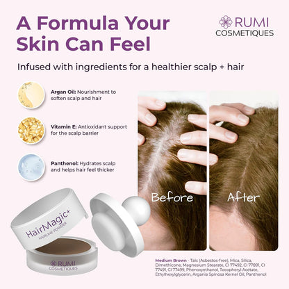 Rumi Cosmetiques HairMagic+ Root Touch Up Powder for Mature Women – Instant Gray Hair Coverage &amp; Hairline Filler – Water-Resistant, Natural Finish, with Argan Oil &amp; Vitamin E (Medium Brown)