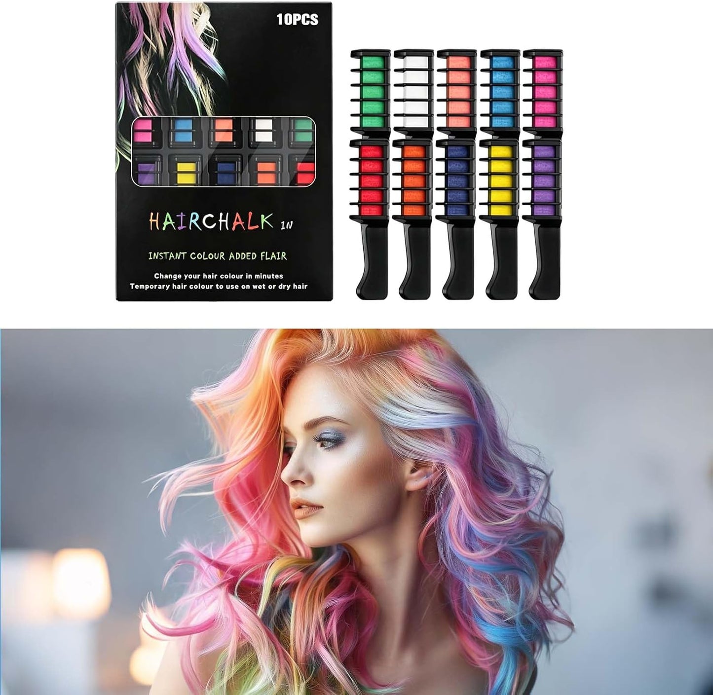 10 PCS Hair Colour Comb, Temporary Bright Hair Chalk Set, Washable Hair Dye Combs for Men &amp; Women, Vibrant Colouring for Halloween, Christmas, Birthday Party &amp; Cosplay Use