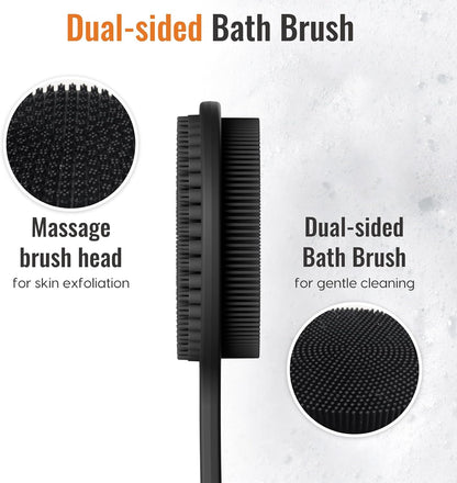 Silicone Back Scrubber, 17In Extended Anti-Slip Handle Body Scrubber Body Brush Back Brush Long Handle for Shower Double Sided Shower Brush Back Washer for Cleansing and Exfoliating, Bath Essentials