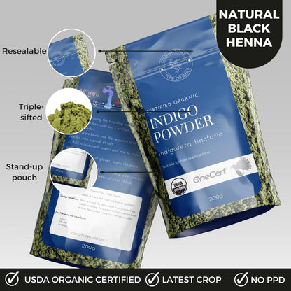 200g Organic Certified Indigo Powder 100% Pure Mendhi Hair Colour Triple Sifted Black Hair Dye