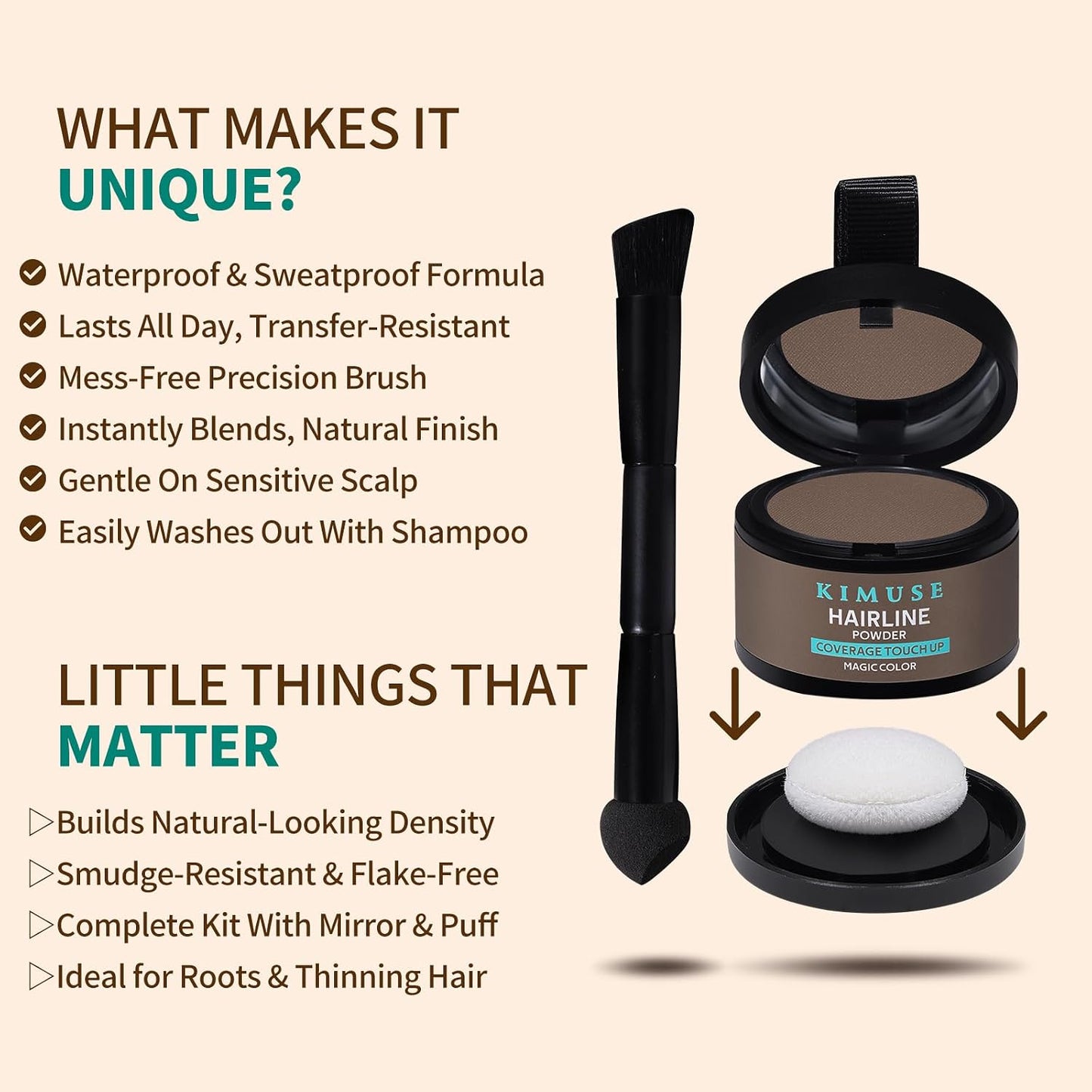 KIMUSE Hairline Powder, Root Touch Up Hair Color, Instantly Conceals Hair Loss, Bald Spot Thin Hair Powder with Dual-ended Hairline Brush for Women and Men, Transfer-proof &amp; Sweat-proof