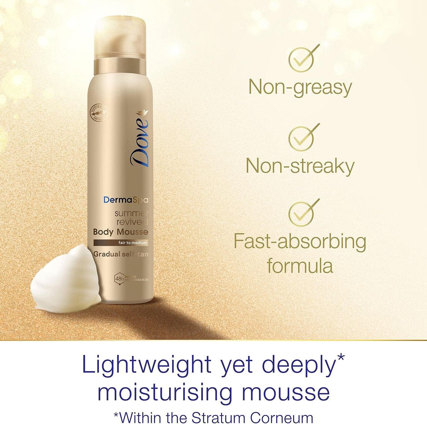 6 Pack of Dove DermaSpa Summer Revived 48 hours Active Moisturisation Fair to Medium Body Mousse 150ml